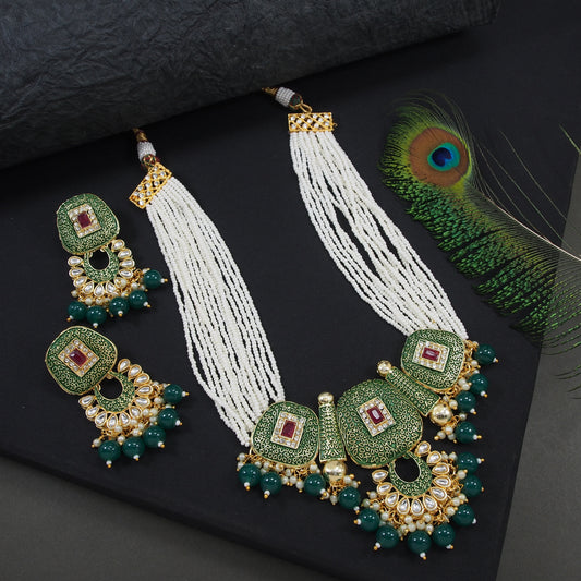 Copper Meenakari Necklace Set with Pearl Tassels & Green Stones