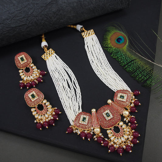 Copper Kundan Necklace Set with Green Stones - Ruby Pearl Earrings