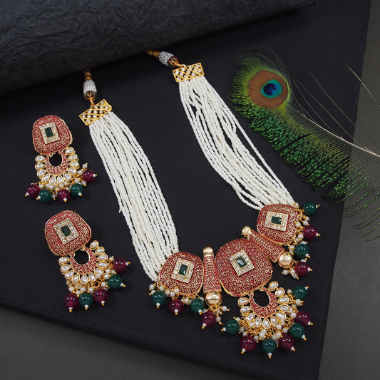 Pearl Necklace Set with Meenakari Work - Maroon Green