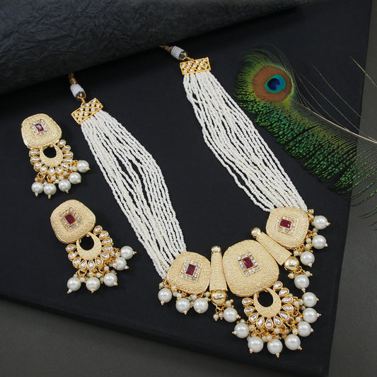 Gold Copper Necklace Set with Ruby and Pearl Stones - Kundan Earrings