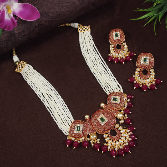 Copper Kundan Necklace Set with Green Stones - Ruby Pearl Earrings