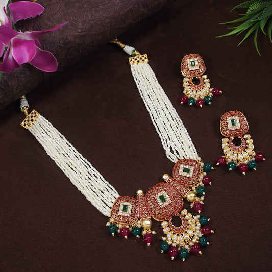 Pearl Necklace Set with Meenakari Work - Maroon Green