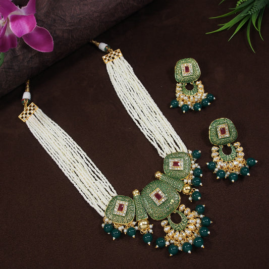 Copper Meenakari Necklace Set with Pearl Tassels & Green Stones