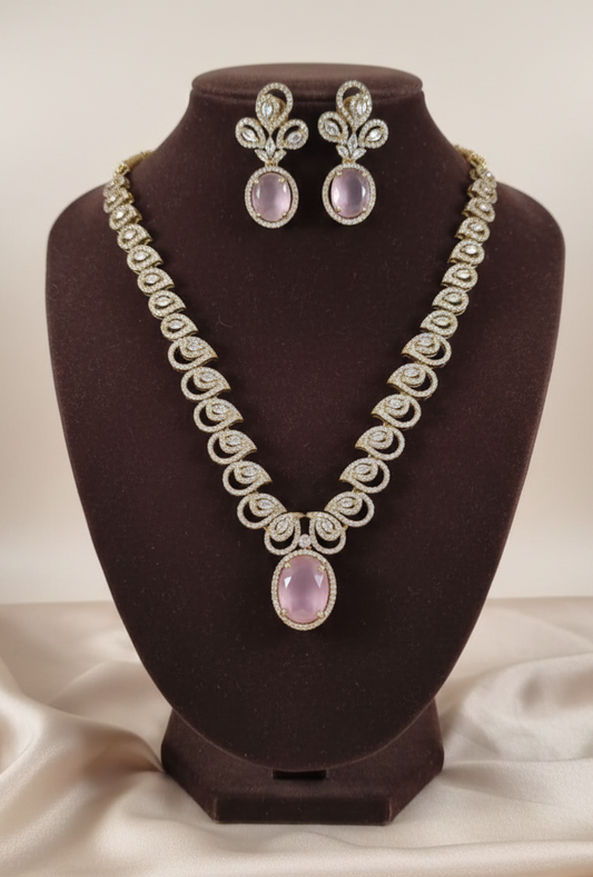 American Diamond Necklace Set with  BabyPink Stone