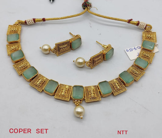 Gold Copper Necklace Set with Green Stones - Pearl Drop Earrings