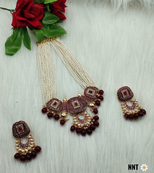 Copper Pearl Necklace Set with Earrings - Maroon Beads