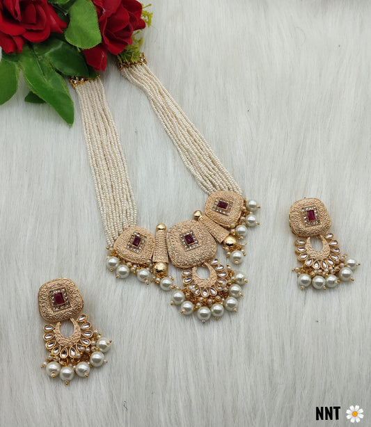 Gold Copper Necklace Set with Ruby and Pearl Stones - Kundan Earrings