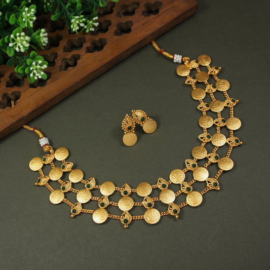 Traditional Gold Coin Temple Necklace Set with Green Stones