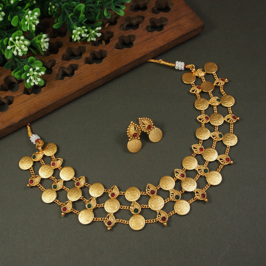 Gold Coin Temple Necklace Set with Multi-Color Stones
