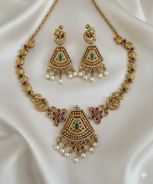 Temple Jewellery Necklace Set with Multicolor Stones
