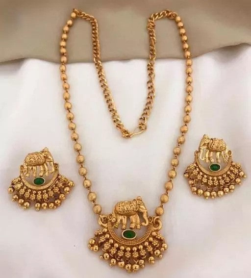 Temple Elephant Pendant Necklace Set with Green Stones