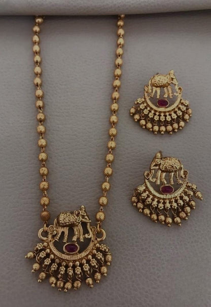 Temple Elephant Pendant Necklace Set with Ruby Stones