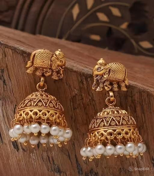 Temple Elephant Jhumka Earrings with Pearl Drops