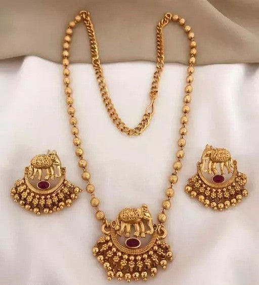 Temple Elephant Pendant Necklace Set with Ruby Stones